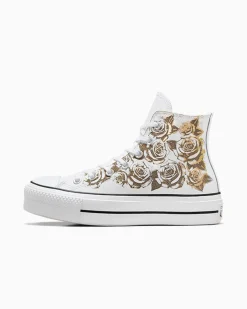 Converse Modelli Alti|Modelli Con Platform<Chuck Taylor All Star Lift Platform Gold Roses & Leather White Gold Roses