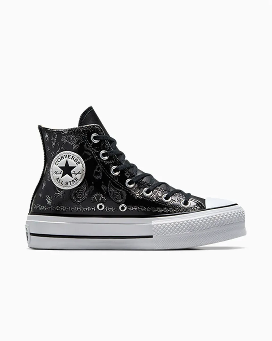 Converse Modelli Alti|Modelli Con Platform<Chuck Taylor All Star Lift Platform Silver Paisley & Leather Black Roses