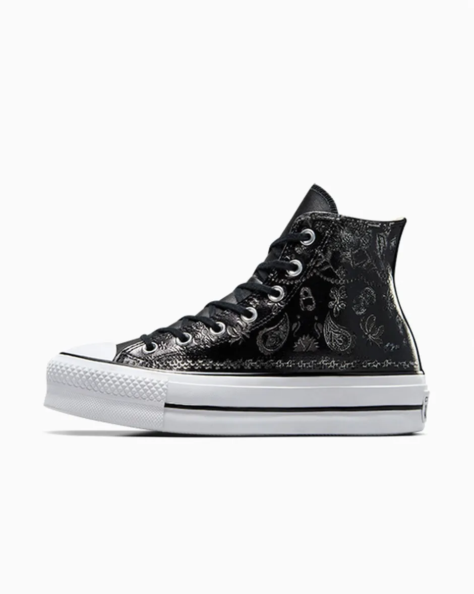 Converse Modelli Alti|Modelli Con Platform<Chuck Taylor All Star Lift Platform Silver Paisley & Leather Black Roses