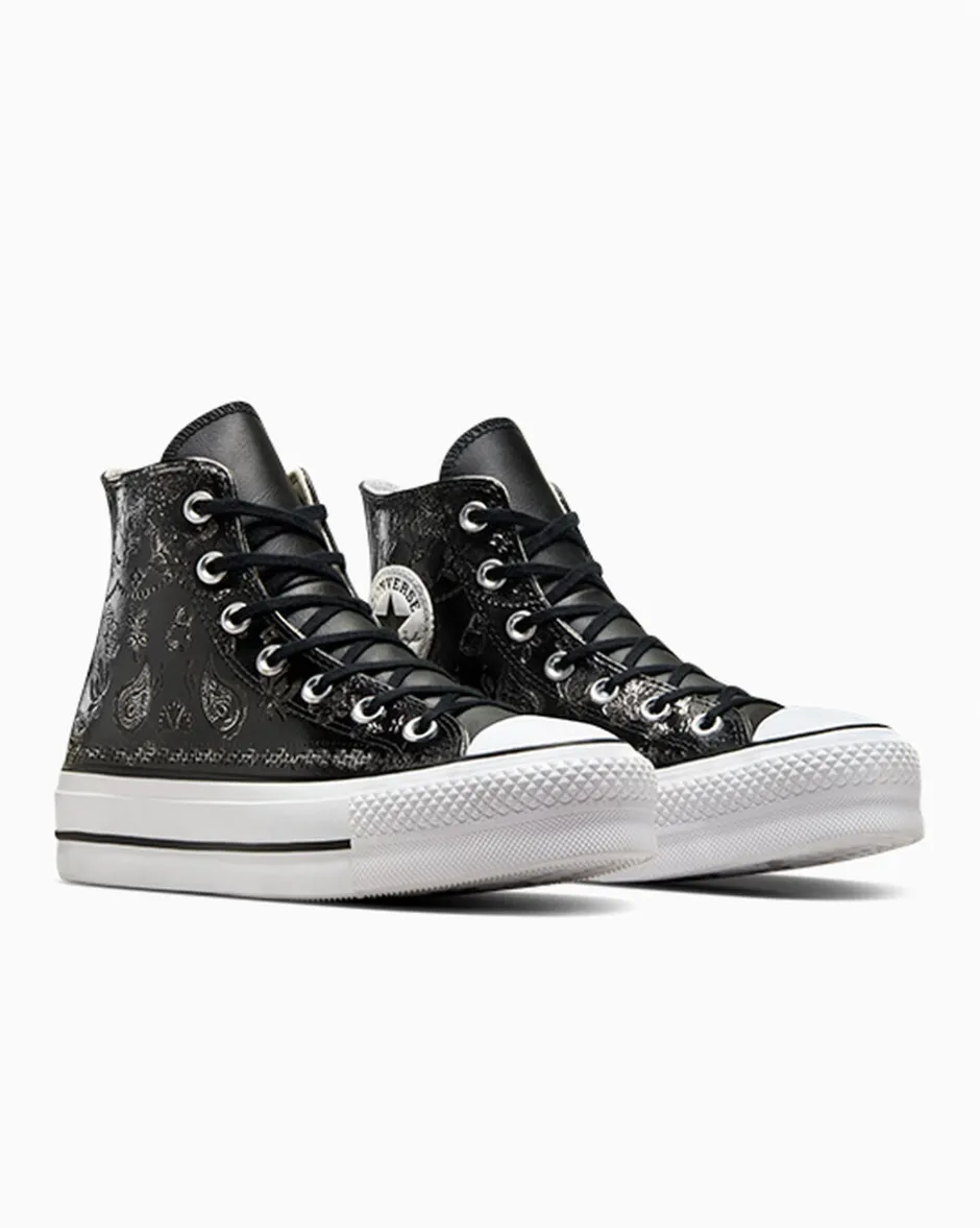 Converse Modelli Alti|Modelli Con Platform<Chuck Taylor All Star Lift Platform Silver Paisley & Leather Black Roses