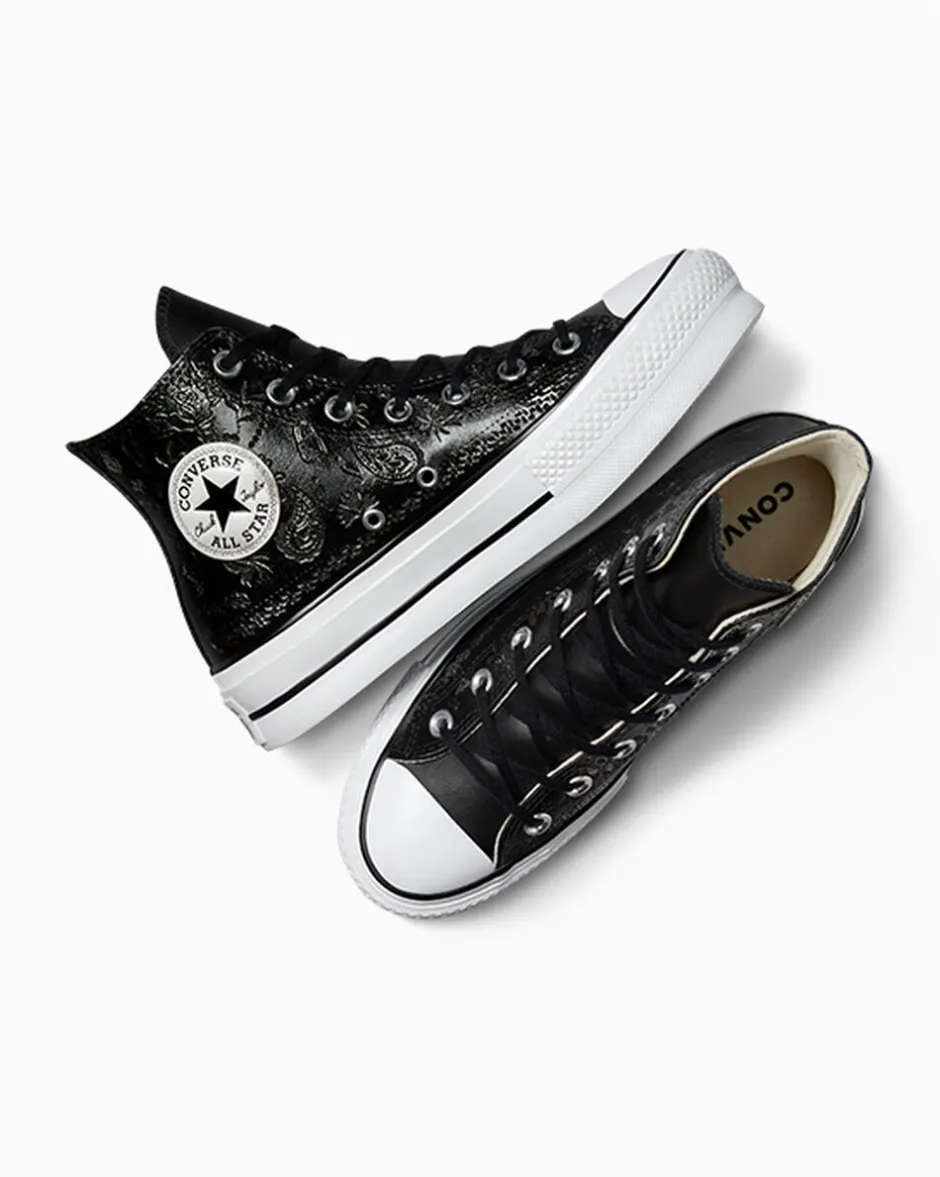 Converse Modelli Alti|Modelli Con Platform<Chuck Taylor All Star Lift Platform Silver Paisley & Leather Black Roses
