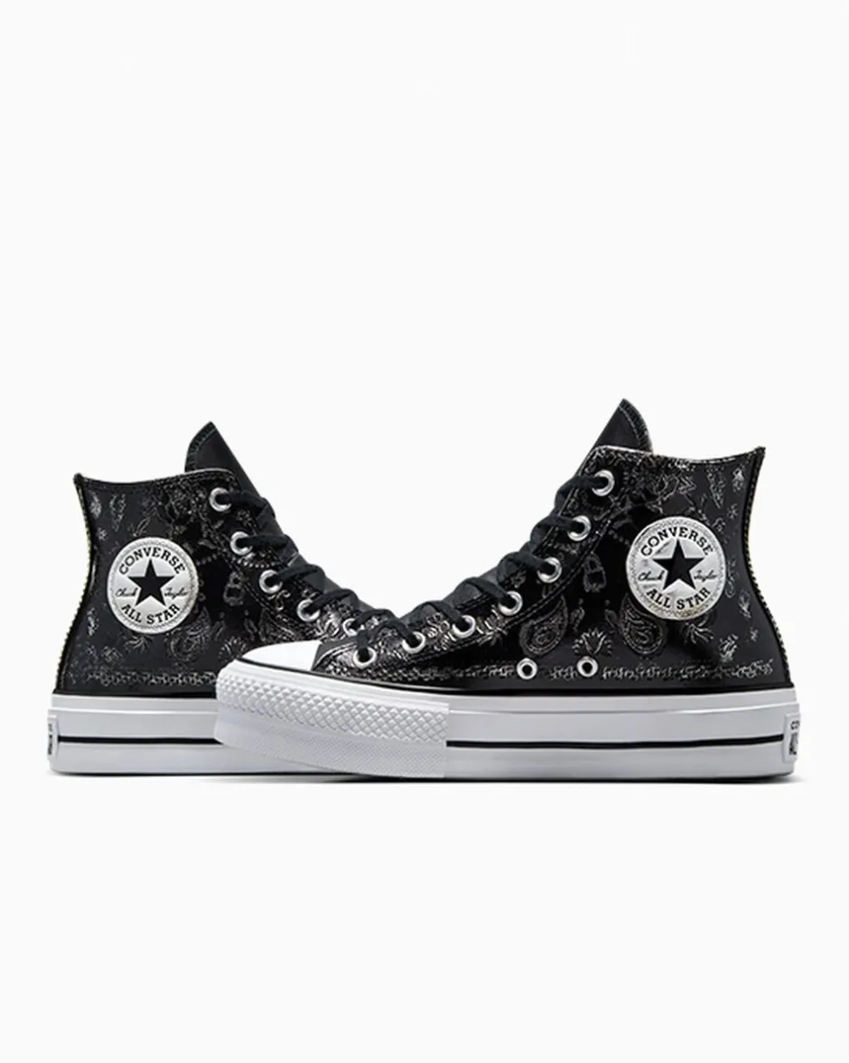 Converse Modelli Alti|Modelli Con Platform<Chuck Taylor All Star Lift Platform Silver Paisley & Leather Black Roses