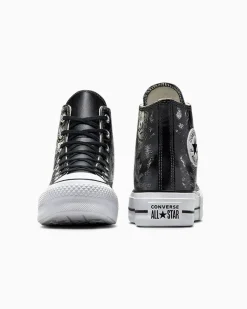 Converse Modelli Alti|Modelli Con Platform<Chuck Taylor All Star Lift Platform Silver Paisley & Leather Black Roses