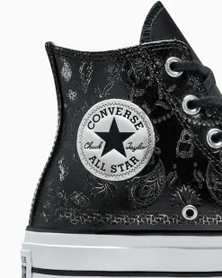 Converse Modelli Alti|Modelli Con Platform<Chuck Taylor All Star Lift Platform Silver Paisley & Leather Black Roses