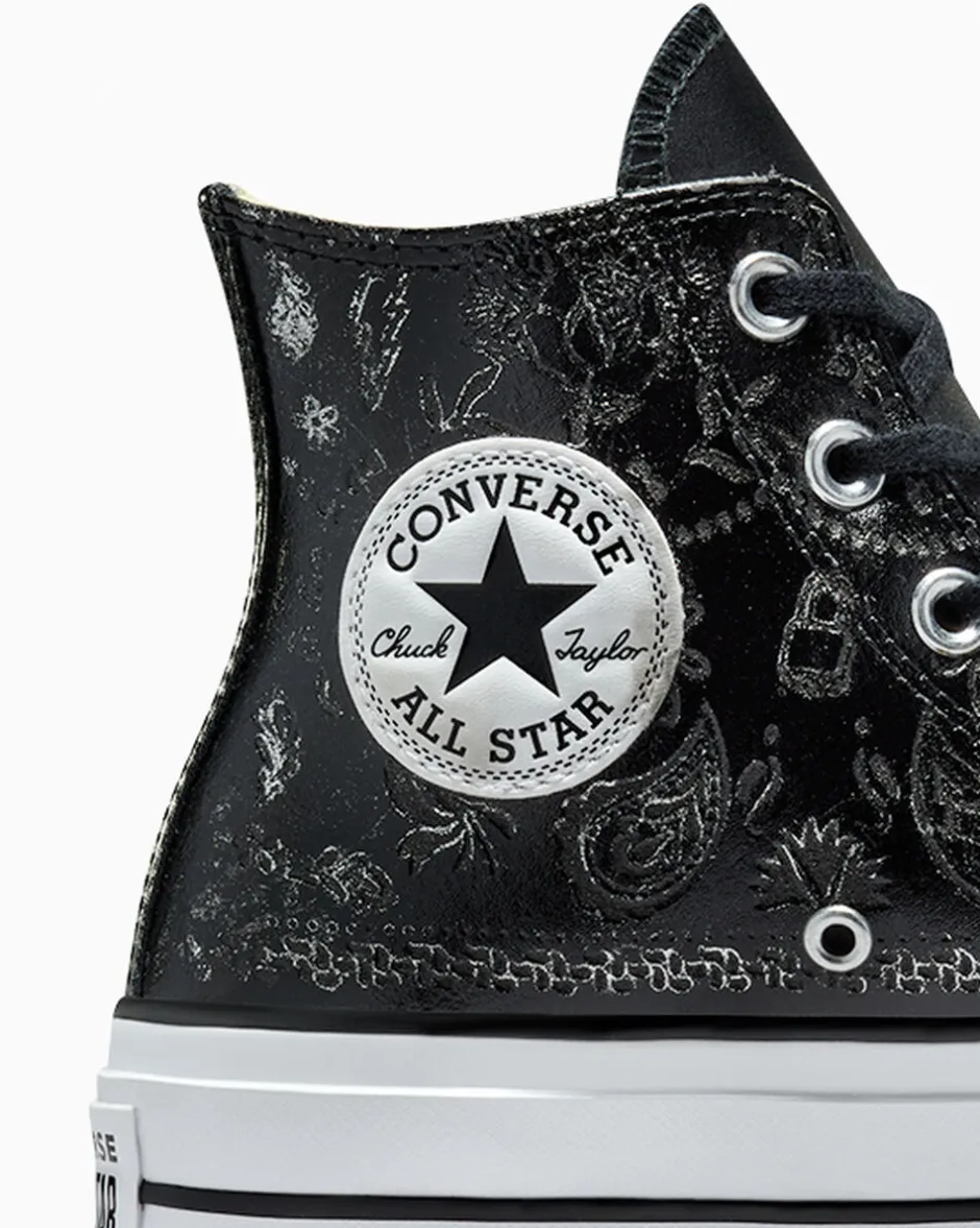 Converse Modelli Alti|Modelli Con Platform<Chuck Taylor All Star Lift Platform Silver Paisley & Leather Black Roses